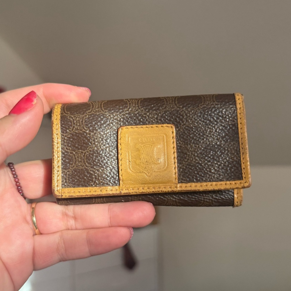 Celine Brown Coated Canvas Keyholder Wallet with Tan Leather Trim. Project